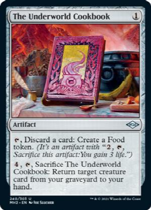 The Underworld Cookbook
 {T}, Discard a card: Create a Food token. (It's an artifact with "{2}, {T}, Sacrifice this artifact: You gain 3 life.")
{4}, {T}, Sacrifice The Underworld Cookbook: Return target creature card from your graveyard to your hand.